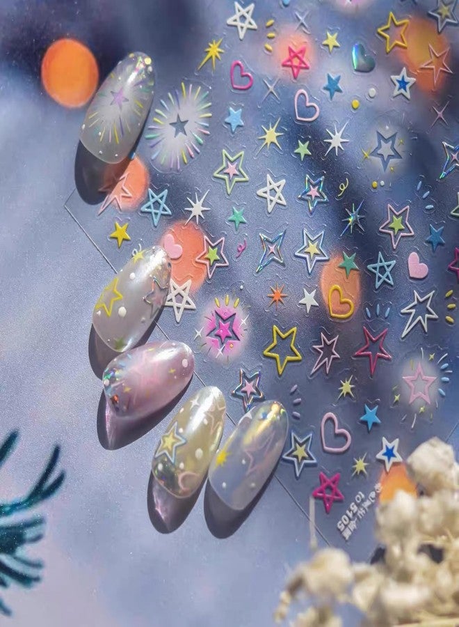 Dedyel Colorful Starry Nail Stickers Dopamine Color Stars Hearts Self-Adhesive Glitter Nail Decals for Women Girls Kids DIY Manicure - Image 1